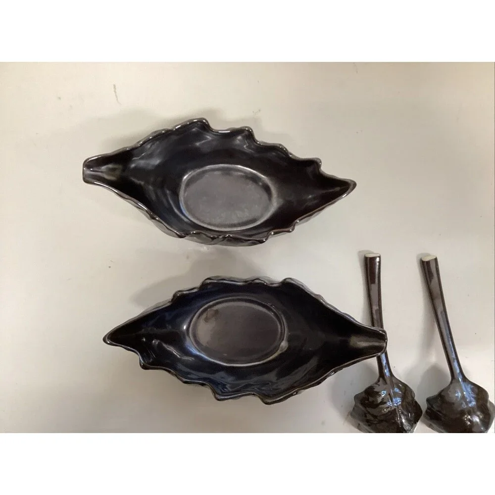 pottery barn metallic leaf bowl w/ladle dish large ceramic set of 2